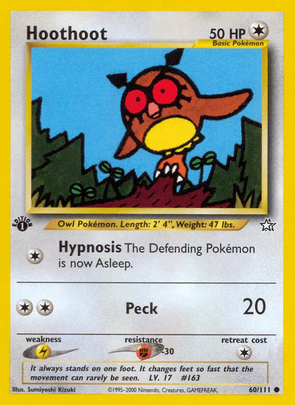 1st Edition Normal, 60, Colorless, Common, Fighting[-30], Lightning[×2], Neo Genesis 1st Edition Hoothoot (60/111) [Neo Genesis 1st Edition] - Trading Card World
