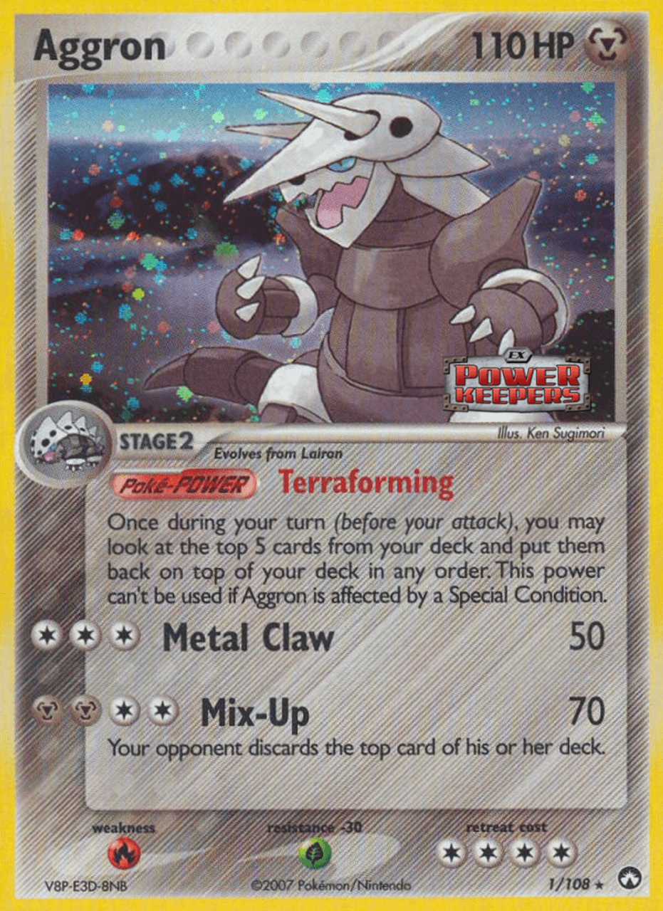 EX: Power Keepers, Fire[×2], Grass[-30], Holo Rare, Metal, Reverse Holofoil Aggron (1/108) (Stamped) [EX: Power Keepers] - Trading Card World