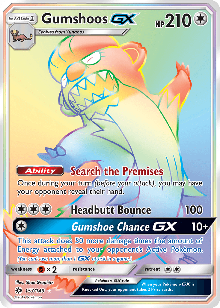 157, Colorless, Fighting[×2], Holofoil, Secret Rare, Sun & Moon: Base Set Gumshoos GX (157/149) [Sun & Moon: Base Set] - Trading Card World