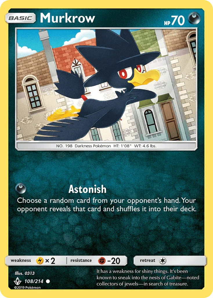 108, Common, Darkness, Fighting[-20], Lightning[×2], Normal, Reverse Holofoil, Sun & Moon: Unbroken Bonds Murkrow (108/214) [Sun & Moon: Unbroken Bonds] - Trading Card World