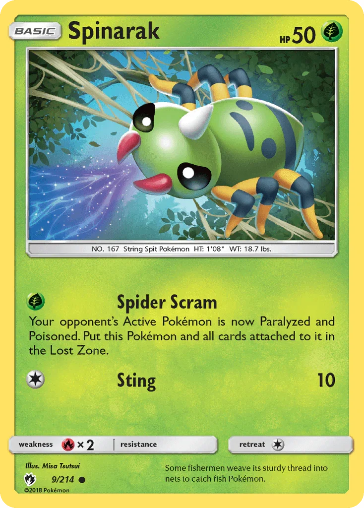 Common, Fire[×2], Grass, Normal, Reverse Holofoil, Sun & Moon: Lost Thunder Spinarak (9/214) [Sun & Moon: Lost Thunder] - Trading Card World