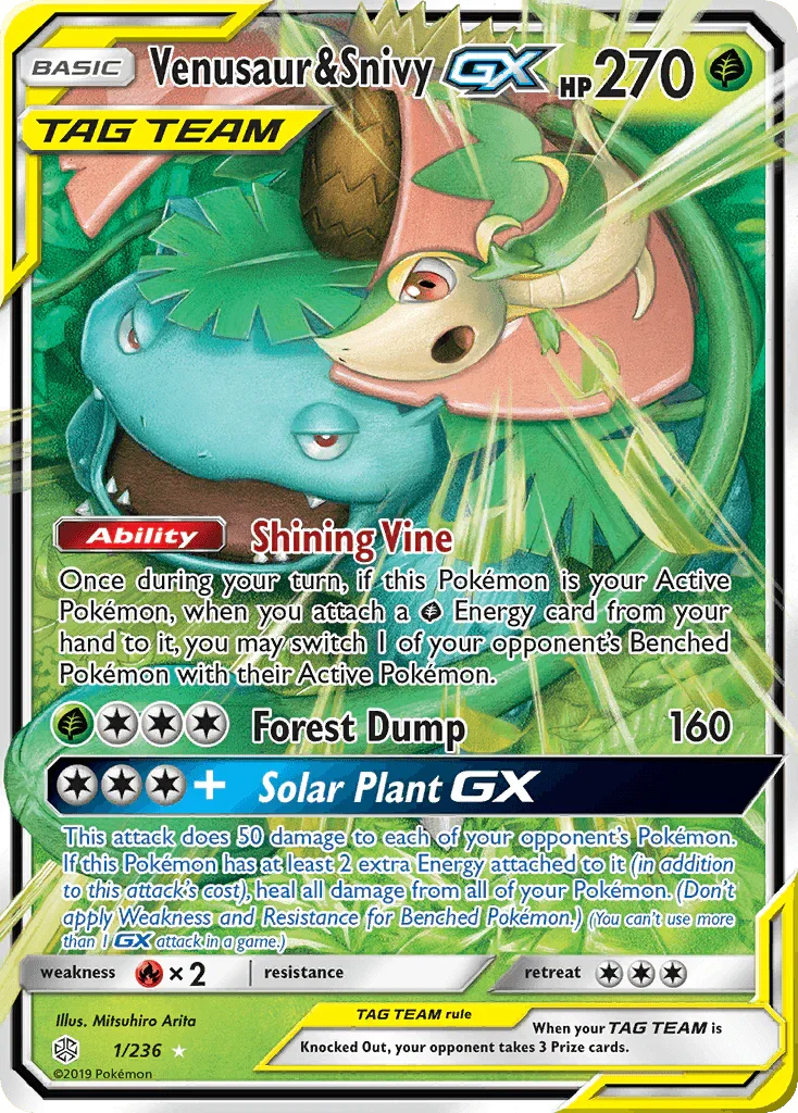 Fire[×2], Grass, Holofoil, Sun & Moon: Cosmic Eclipse, Ultra Rare Venusaur & Snivy GX (1/236) [Sun & Moon: Cosmic Eclipse] - Trading Card World