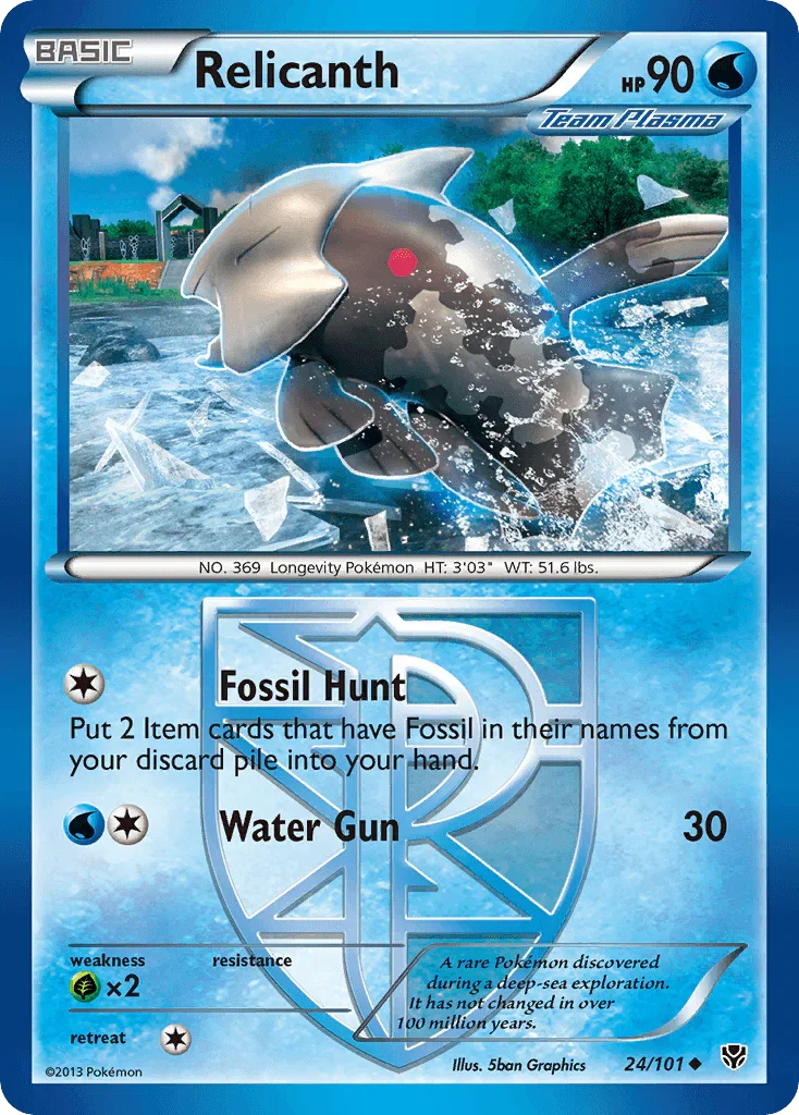 24, Black & White: Plasma Blast, Grass[×2], Normal, Reverse Holofoil, Uncommon, Water Relicanth (24/101) [Black & White: Plasma Blast] - Trading Card World