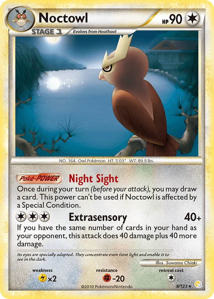 Colorless, Fighting[-20], HeartGold & SoulSilver: Base Set, Holo Rare, Holofoil, Lightning[×2], Reverse Holofoil Noctowl (8/123) [HeartGold & SoulSilver: Base Set] - Trading Card World