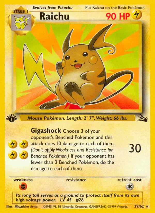 1st Edition Normal, 29, Fighting[×2], Fossil 1st Edition, Lightning, Rare Raichu (29/62) [Fossil 1st Edition] - Trading Card World