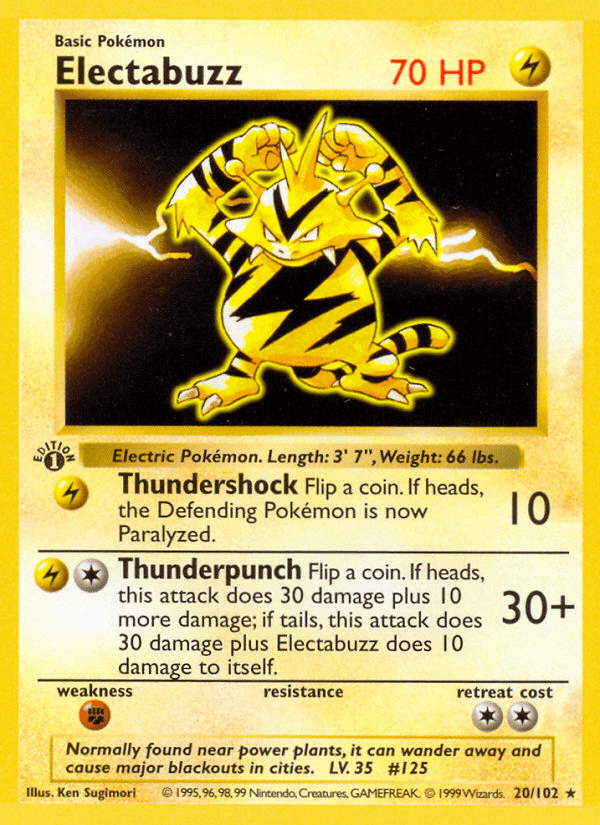 1st Edition Normal, 20, Base Set 1st Edition, Fighting[×2], Lightning, Rare Electabuzz (20/102) (Shadowless) [Base Set 1st Edition] - Trading Card World