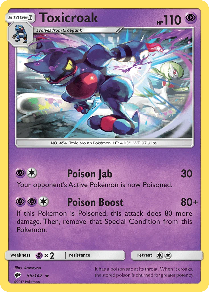 55, Normal, Psychic, Psychic[×2], Rare, Reverse Holofoil, Sun & Moon: Burning Shadows Toxicroak (55/147) [Sun & Moon: Burning Shadows] - Trading Card World
