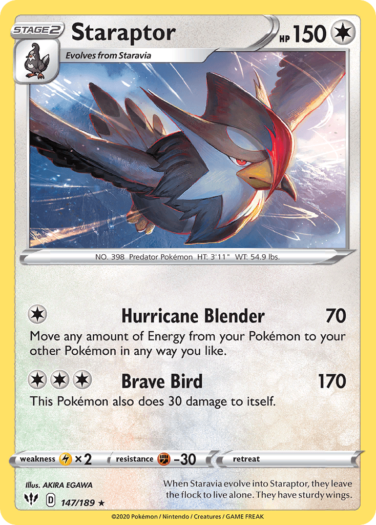 147, Colorless, Fighting[-30], Lightning[×2], Normal, Rare, Reverse Holofoil, Sword & Shield: Darkness Ablaze Staraptor (147/189) [Sword & Shield: Darkness Ablaze] - Trading Card World