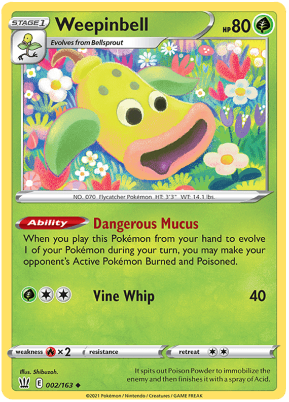 002, Fire[×2], Grass, Normal, Reverse Holofoil, Sword & Shield: Battle Styles, Uncommon Weepinbell (002/163) [Sword & Shield: Battle Styles] - Trading Card World