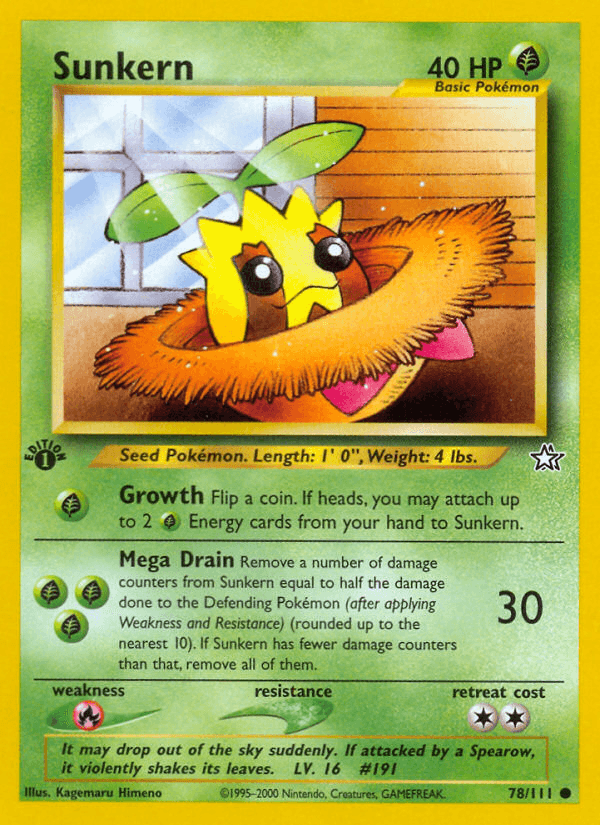 1st Edition Normal, 78, Common, Fire[×2], Grass, Neo Genesis 1st Edition Sunkern (78/111) [Neo Genesis 1st Edition] - Trading Card World