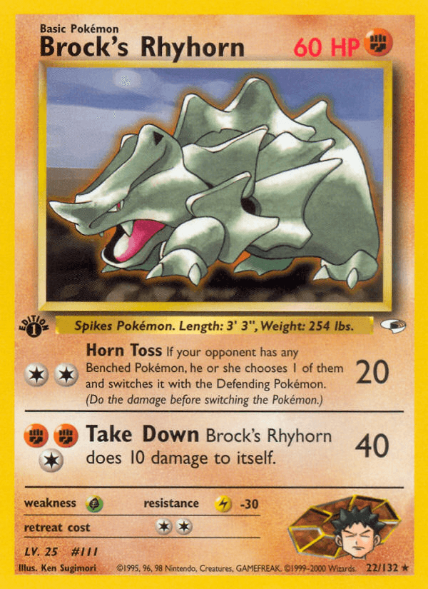 1st Edition Normal, 22, Fighting, Grass[×2], Gym Heroes 1st Edition, Lightning[-30], Rare Brock's Rhyhorn (22/132) [Gym Heroes 1st Edition] - Trading Card World