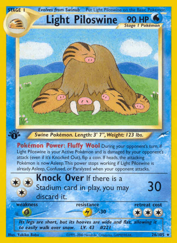 1st Edition Normal, 26, Grass[×2], Lightning[-30], Neo Destiny 1st Edition, Rare, Water Light Piloswine (26/105) [Neo Destiny 1st Edition] - Trading Card World