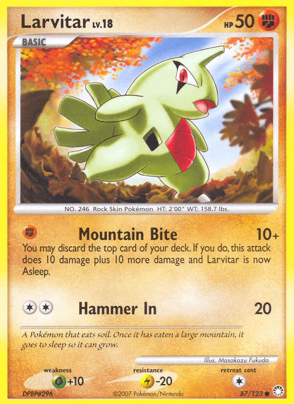 87, Common, Diamond & Pearl: Mysterious Treasures, Fighting, Grass[+10], Lightning[-20], Normal, Reverse Holofoil Larvitar (87/123) [Diamond & Pearl: Mysterious Treasures] - Trading Card World