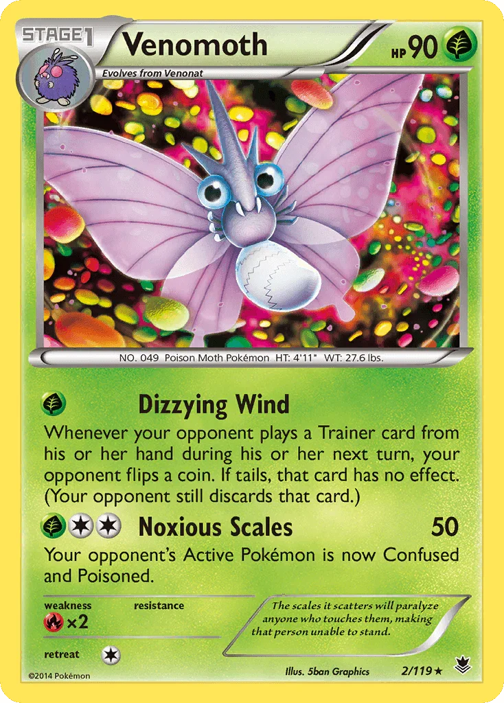 Fire[×2], Grass, Normal, Rare, Reverse Holofoil, XY: Phantom Forces Venomoth (2/119) [XY: Phantom Forces] - Trading Card World