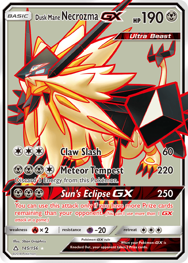 145, Fire[×2], Holofoil, Metal, Psychic[-20], Sun & Moon: Ultra Prism, Ultra Rare Dusk Mane Necrozma GX (145/156) [Sun & Moon: Ultra Prism] - Trading Card World