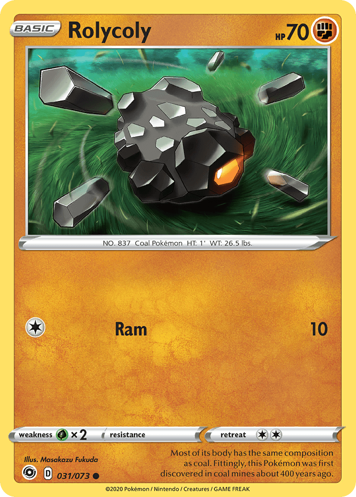 031, Common, Fighting, Grass[×2], Normal, Reverse Holofoil, Sword & Shield: Champion's Path Rolycoly (031/073) [Sword & Shield: Champion's Path] - Trading Card World