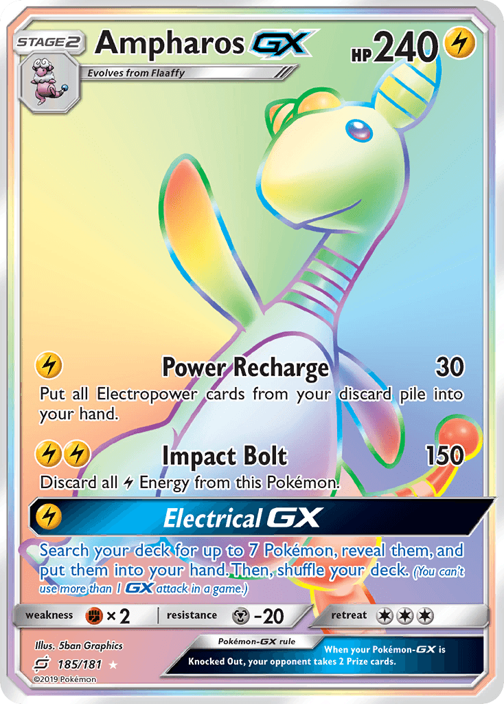 185, Fighting[×2], Holofoil, Lightning, Metal[-20], Secret Rare, Sun & Moon: Team Up Ampharos GX (185/181) [Sun & Moon: Team Up] - Trading Card World