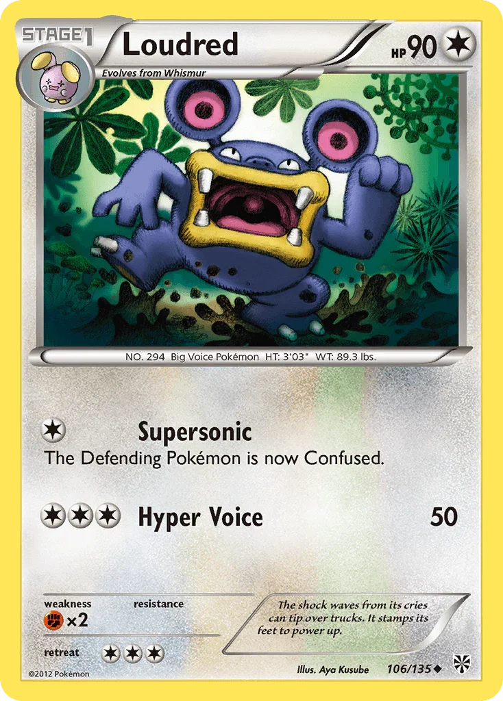 106, Black & White: Plasma Storm, Colorless, Fighting[×2], Normal, Reverse Holofoil, Uncommon Loudred (106/135) [Black & White: Plasma Storm] - Trading Card World
