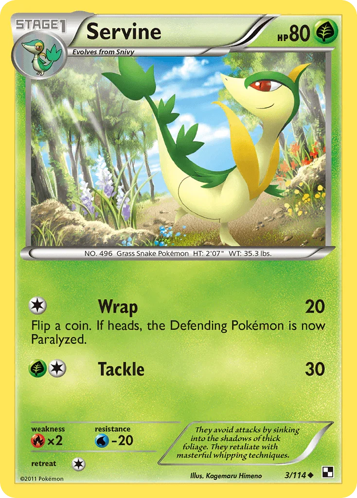 Black & White: Base Set, Fire[×2], Grass, Normal, Reverse Holofoil, Uncommon, Water[-20] Servine (3/114) [Black & White: Base Set] - Trading Card World