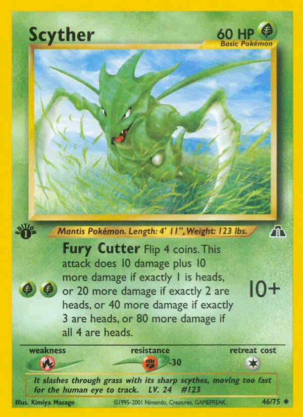 1st Edition Normal, 46, Fighting[-30], Fire[×2], Grass, Neo Discovery 1st Edition, Uncommon Scyther (46/75) [Neo Discovery 1st Edition] - Trading Card World