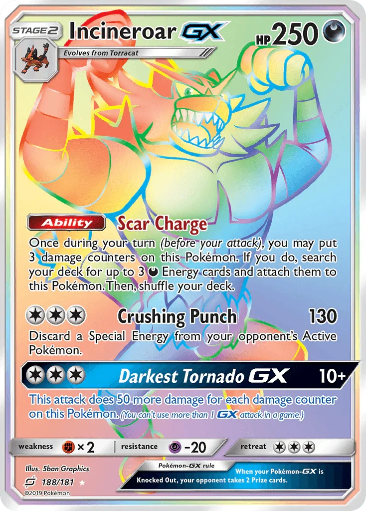 188, Darkness, Fighting[×2], Holofoil, Psychic[-20], Secret Rare, Sun & Moon: Team Up Incineroar GX (188/181) [Sun & Moon: Team Up] - Trading Card World