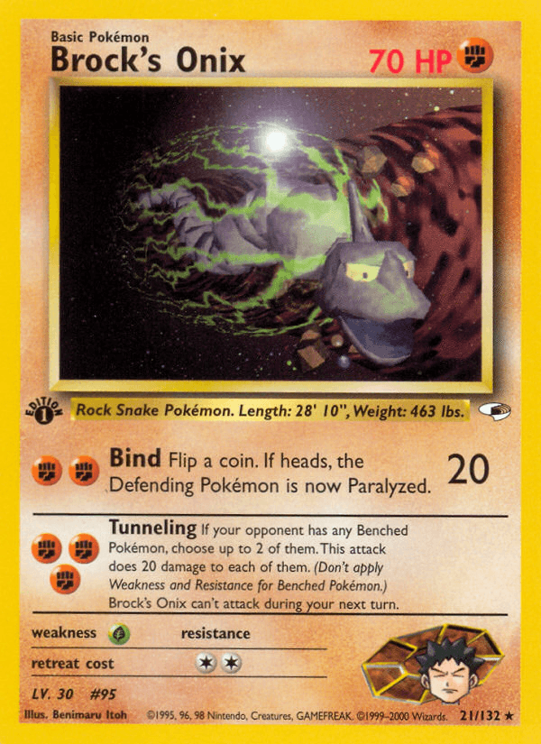 1st Edition Normal, 21, Fighting, Grass[×2], Gym Heroes 1st Edition, Rare Brock's Onix (21/132) [Gym Heroes 1st Edition] - Trading Card World