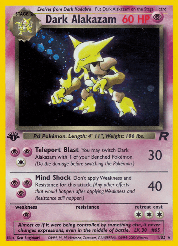 1st Edition Holofoil, Holo Rare, Psychic, Psychic[×2], Team Rocket 1st Edition Dark Alakazam (1/82) [Team Rocket 1st Edition] - Trading Card World