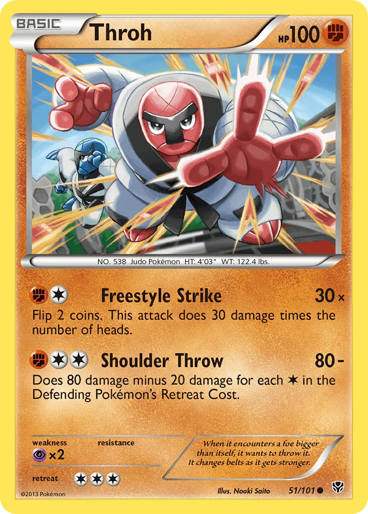 51, Black & White: Plasma Blast, Common, Fighting, Normal, Psychic[×2], Reverse Holofoil Throh (51/101) [Black & White: Plasma Blast] - Trading Card World