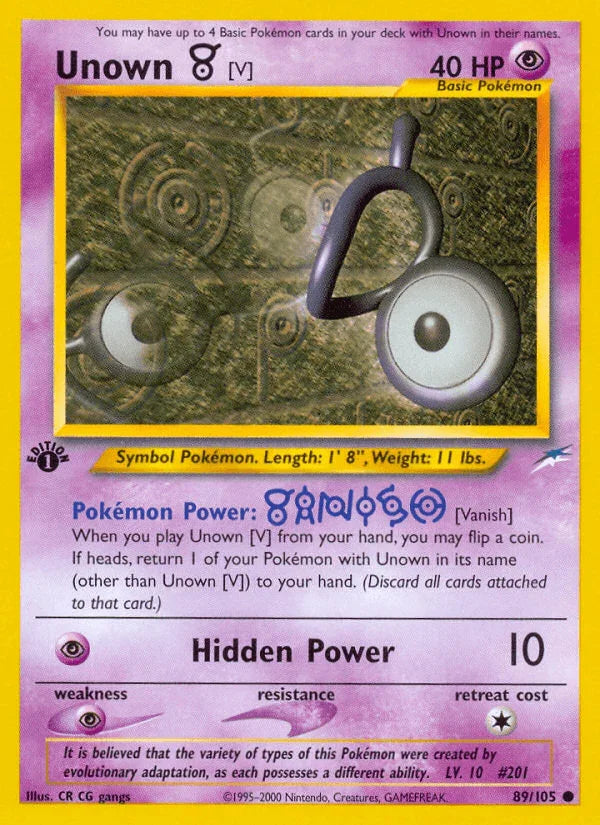1st Edition Normal, 89, Common, Neo Destiny 1st Edition, Psychic, Psychic[×2] Unown [V] (89/105) [Neo Destiny 1st Edition] - Trading Card World