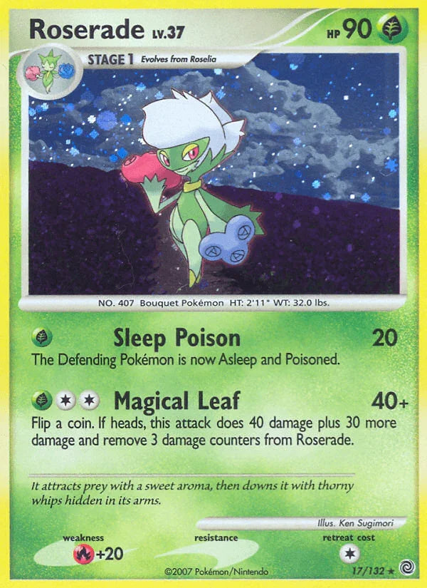 17, Diamond & Pearl: Secret Wonders, Fire[+20], Grass, Holo Rare, Holofoil, Reverse Holofoil Roserade (17/132) [Diamond & Pearl: Secret Wonders] - Trading Card World