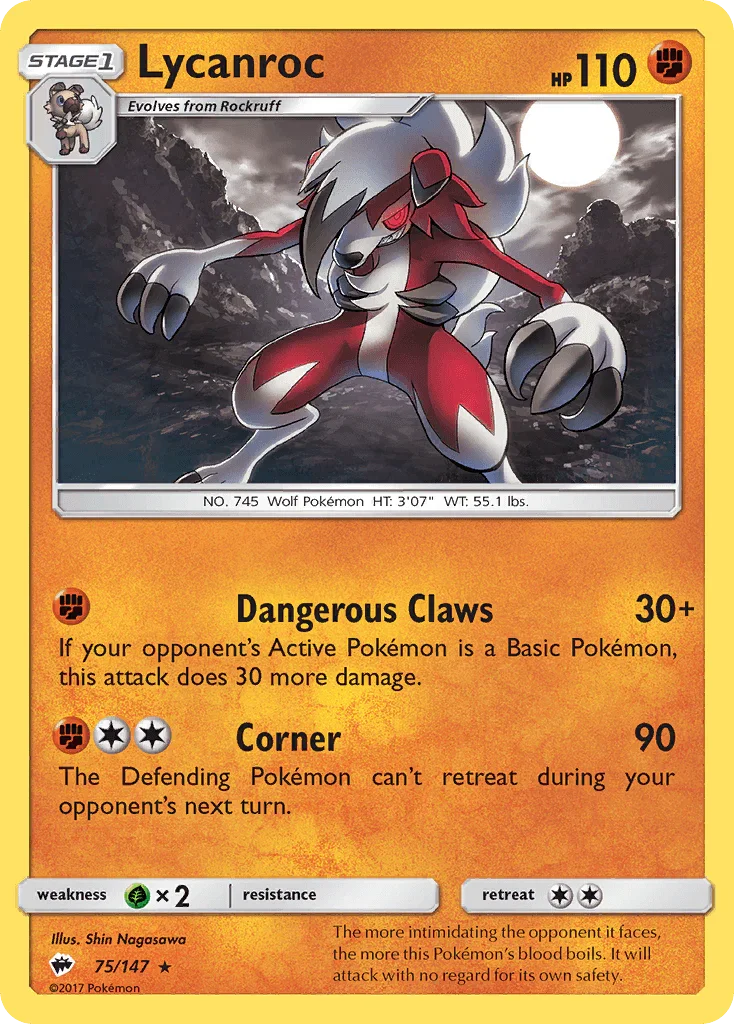 75, Fighting, Grass[×2], Holo Rare, Holofoil, Reverse Holofoil, Sun & Moon: Burning Shadows Lycanroc (75/147) [Sun & Moon: Burning Shadows] - Trading Card World