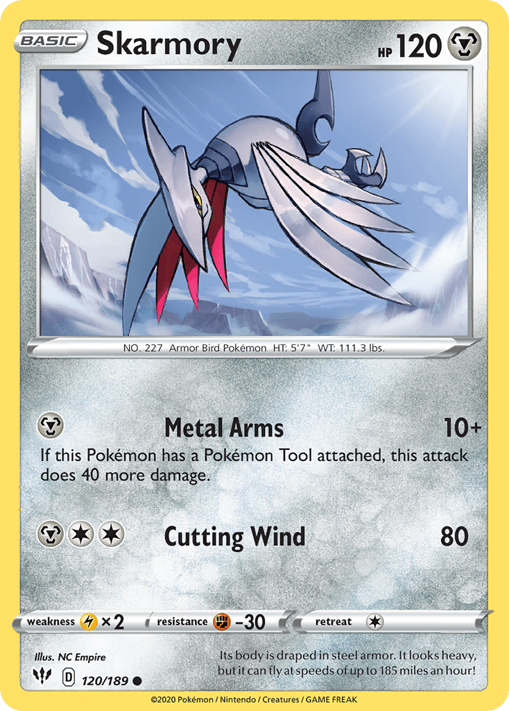 120, Common, Fighting[-30], Lightning[×2], Metal, Normal, Reverse Holofoil, Sword & Shield: Darkness Ablaze Skarmory (120/189) [Sword & Shield: Darkness Ablaze] - Trading Card World