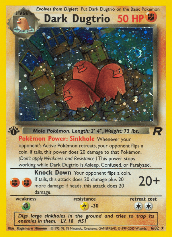 1st Edition Holofoil, Fighting, Grass[×2], Holo Rare, Lightning[-30], Team Rocket 1st Edition Dark Dugtrio (6/82) [Team Rocket 1st Edition] - Trading Card World