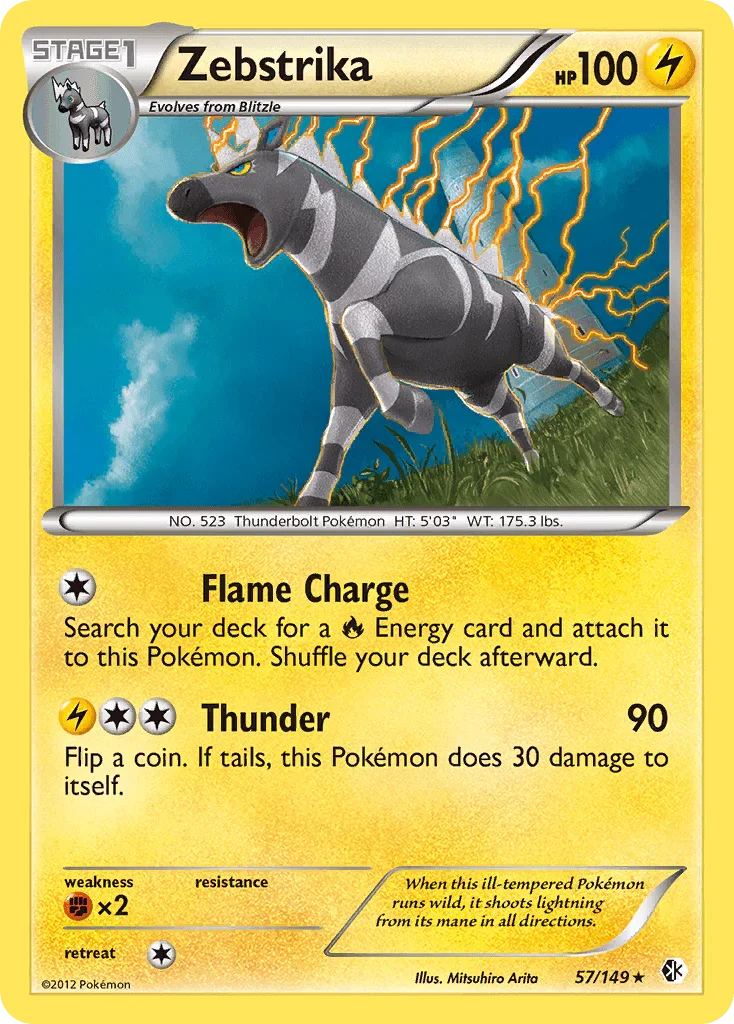 57, Black & White: Boundaries Crossed, Fighting[×2], Holo Rare, Holofoil, Lightning, Reverse Holofoil Zebstrika (57/149) [Black & White: Boundaries Crossed] - Trading Card World