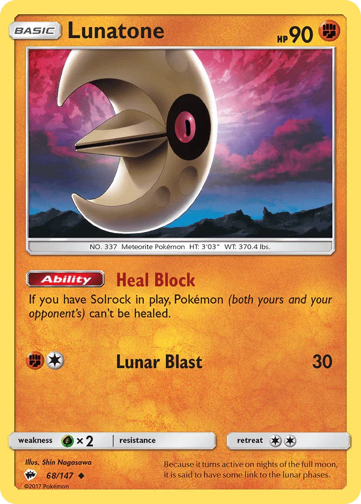 68, Fighting, Grass[×2], Normal, Reverse Holofoil, Sun & Moon: Burning Shadows, Uncommon Lunatone (68/147) [Sun & Moon: Burning Shadows] - Trading Card World