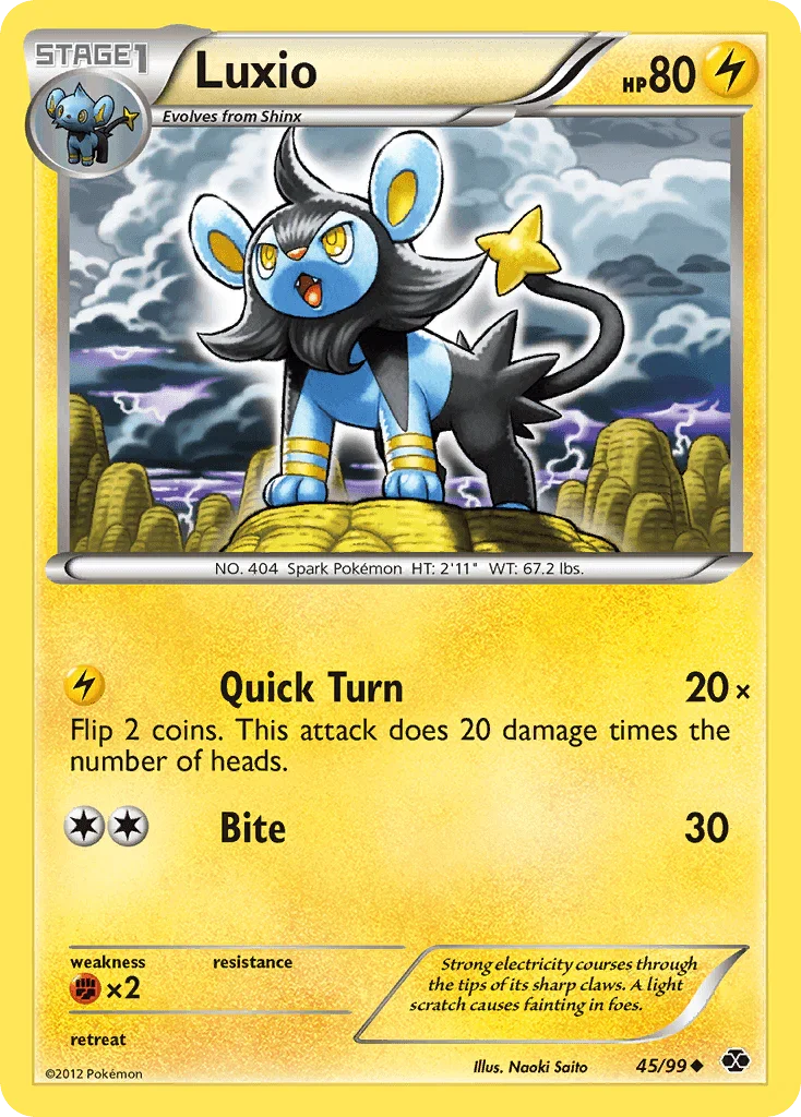 45, Black & White: Next Destinies, Fighting[×2], Lightning, Normal, Reverse Holofoil, Uncommon Luxio (45/99) [Black & White: Next Destinies] - Trading Card World