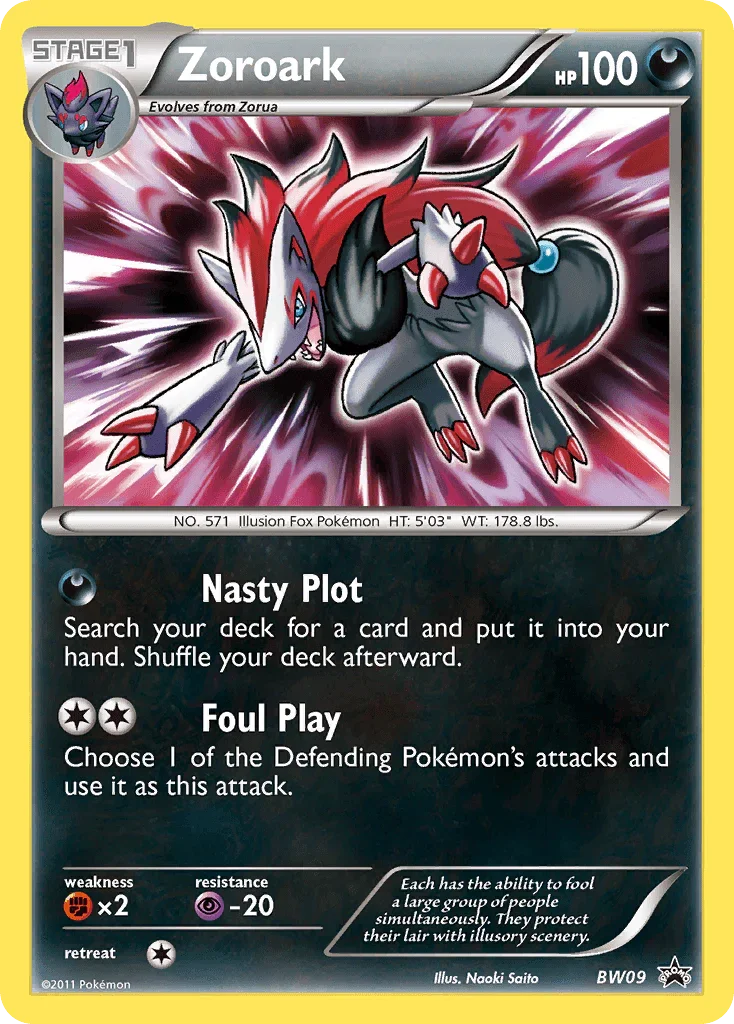 Black & White: Black Star Promos, Black Star Promo, BW09, Darkness, Fighting[×2], Holofoil, Psychic[-20] Zoroark (BW09) [Black & White: Black Star Promos] - Trading Card World