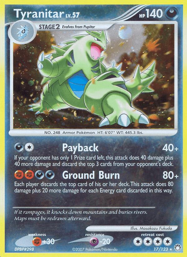 17, Darkness, Diamond & Pearl: Mysterious Treasures, Fighting[+30], Holo Rare, Holofoil, Psychic[-20], Reverse Holofoil Tyranitar (17/123) [Diamond & Pearl: Mysterious Treasures] - Trading Card World