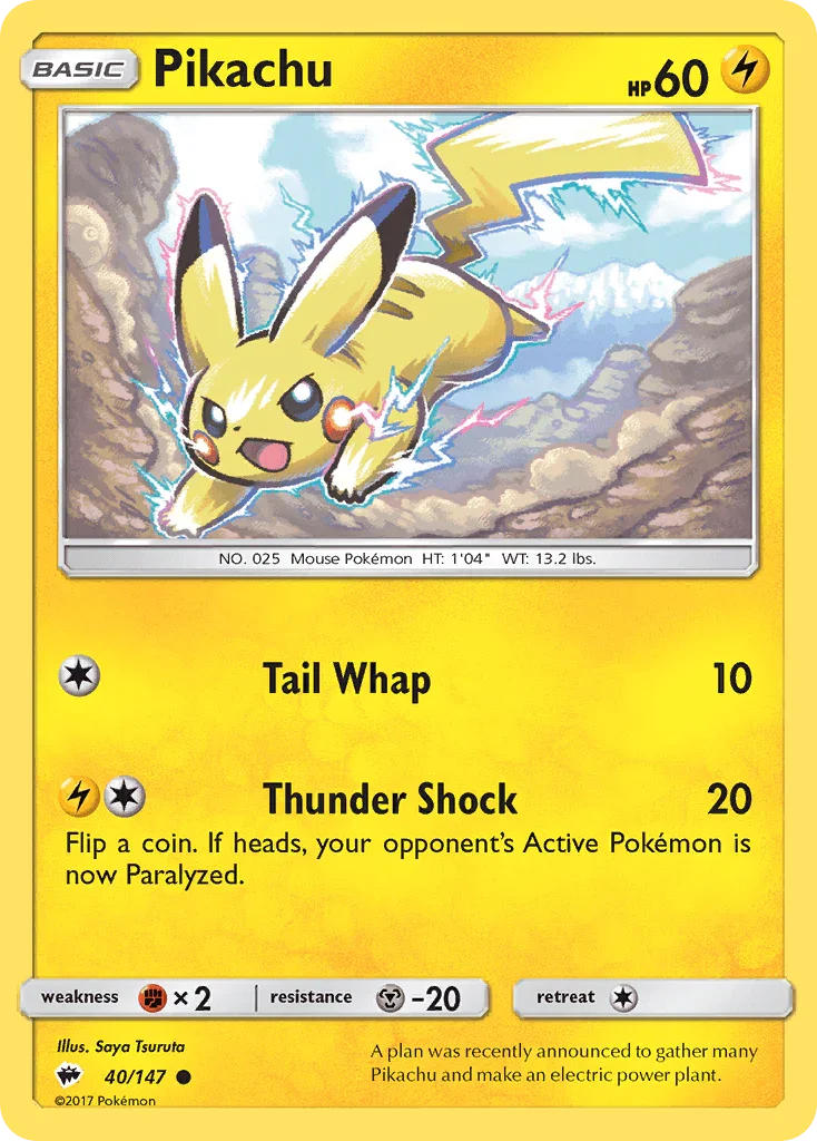 40, Common, Fighting[×2], Lightning, Metal[-20], Normal, Reverse Holofoil, Sun & Moon: Burning Shadows Pikachu (40/147) [Sun & Moon: Burning Shadows] - Trading Card World