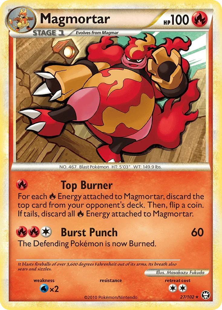 27, Fire, HeartGold & SoulSilver: Triumphant, Normal, Rare, Reverse Holofoil, Water[×2] Magmortar (27/102) [HeartGold & SoulSilver: Triumphant] - Trading Card World