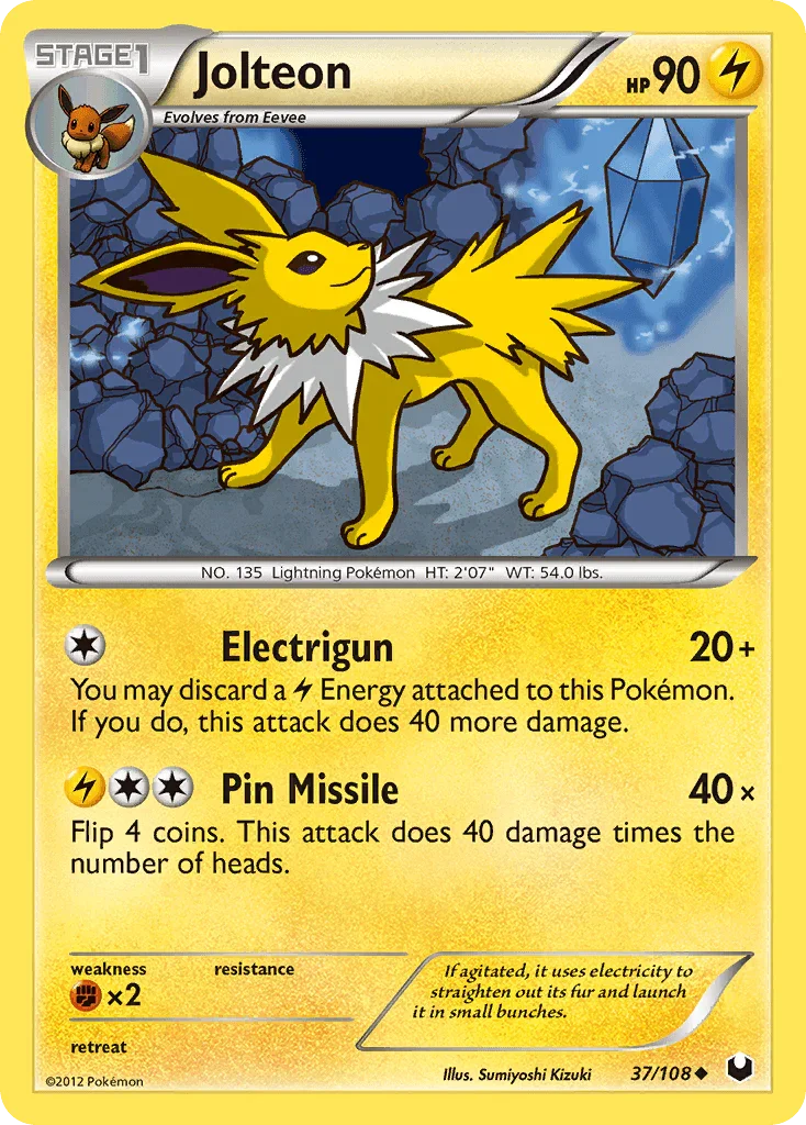 37, Black & White: Dark Explorers, Fighting[×2], Lightning, Normal, Reverse Holofoil, Uncommon Jolteon (37/108) [Black & White: Dark Explorers] - Trading Card World
