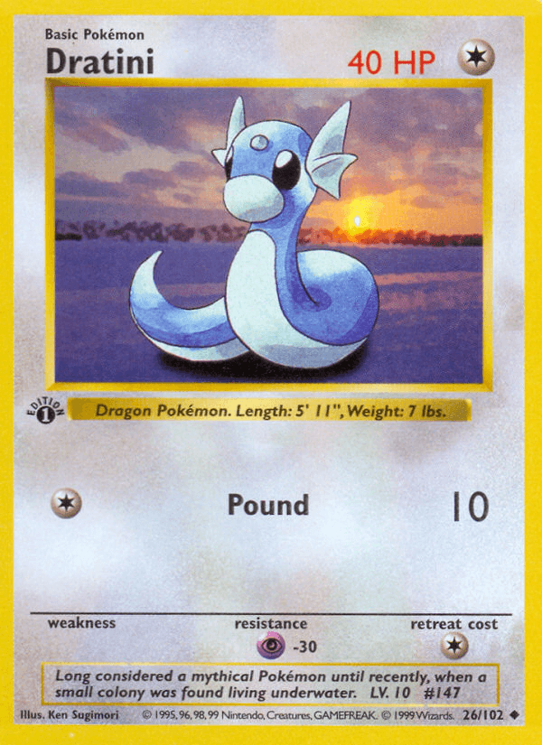 1st Edition Normal, 26, Base Set 1st Edition, Colorless, Psychic[-30], Uncommon Dratini (26/102) (Shadowless) [Base Set 1st Edition] - Trading Card World