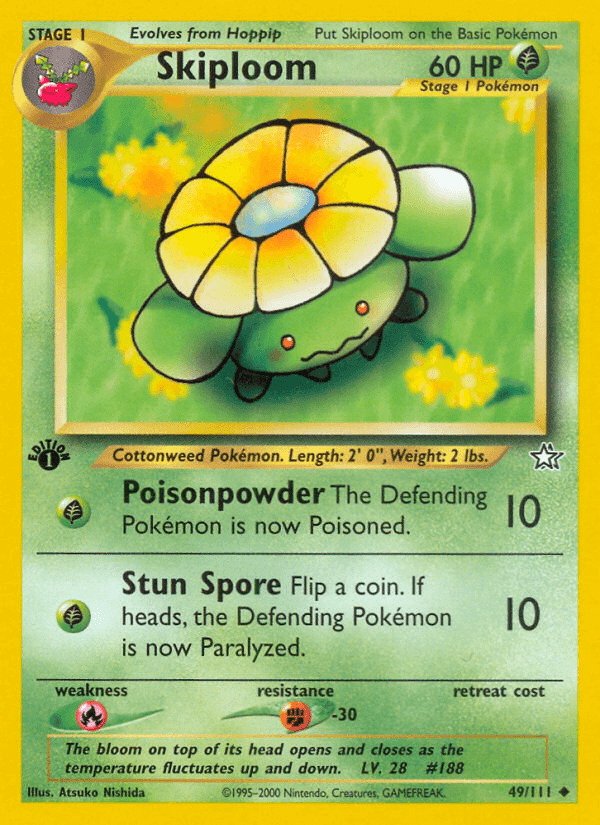 1st Edition Normal, 49, Fighting[-30], Fire[×2], Grass, Neo Genesis 1st Edition, Uncommon Skiploom (49/111) [Neo Genesis 1st Edition] - Trading Card World