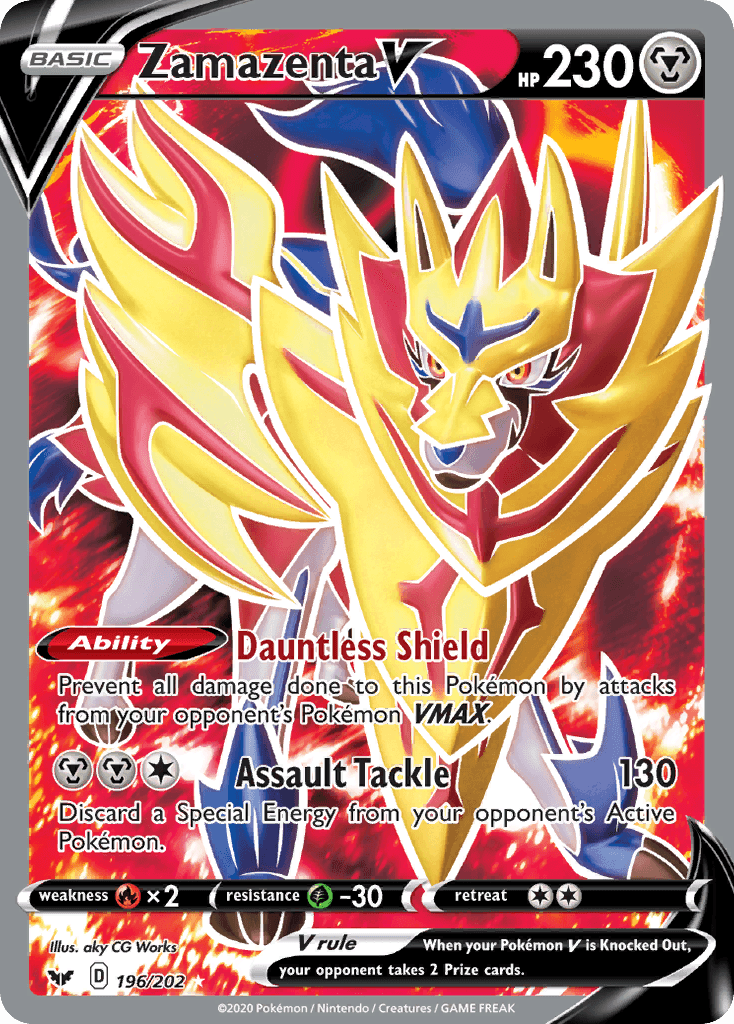 196, Fire[×2], Grass[-30], Holofoil, Metal, Sword & Shield: Base Set, Ultra Rare Zamazenta V (196/202) [Sword & Shield: Base Set] - Trading Card World