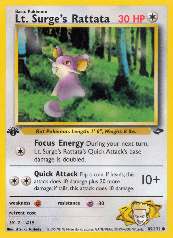 1st Edition Normal, 85, Colorless, Common, Fighting[×2], Gym Challenge 1st Edition, Psychic[-30] Lt. Surge's Rattata (85/132) [Gym Challenge 1st Edition] - Trading Card World