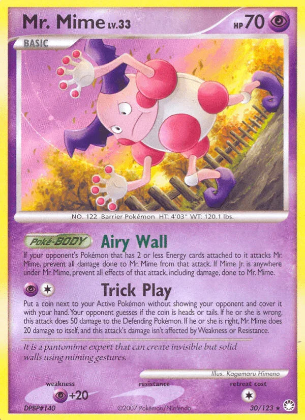 30, Diamond & Pearl: Mysterious Treasures, Normal, Psychic, Psychic[+20], Rare, Reverse Holofoil Mr. Mime (30/123) [Diamond & Pearl: Mysterious Treasures] - Trading Card World