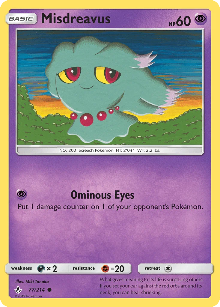 77, Common, Darkness[×2], Fighting[-20], Normal, Psychic, Reverse Holofoil, Sun & Moon: Unbroken Bonds Misdreavus (77/214) [Sun & Moon: Unbroken Bonds] - Trading Card World
