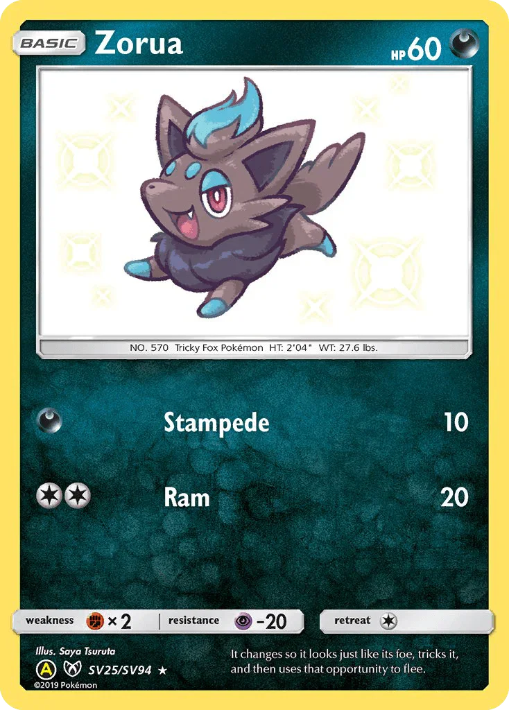 Darkness, Fighting[×2], Holofoil, Psychic[-20], Sun & Moon: Hidden Fates - Shiny Vault, SV25, Ultra Rare Zorua (SV25/SV94) [Sun & Moon: Hidden Fates - Shiny Vault] - Trading Card World