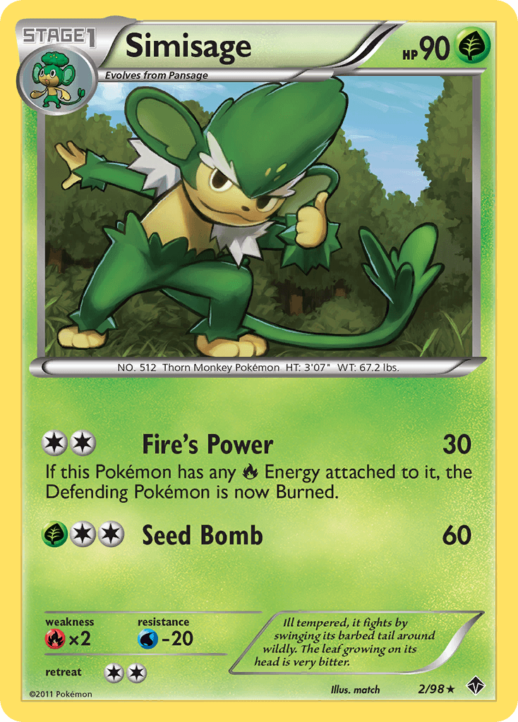 Black & White: Emerging Powers, Fire[×2], Grass, Normal, Rare, Reverse Holofoil, Water[-20] Simisage (2/98) [Black & White: Emerging Powers] - Trading Card World
