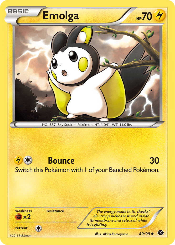 49, Black & White: Next Destinies, Fighting[×2], Lightning, Normal, Reverse Holofoil, Uncommon Emolga (49/99) [Black & White: Next Destinies] - Trading Card World
